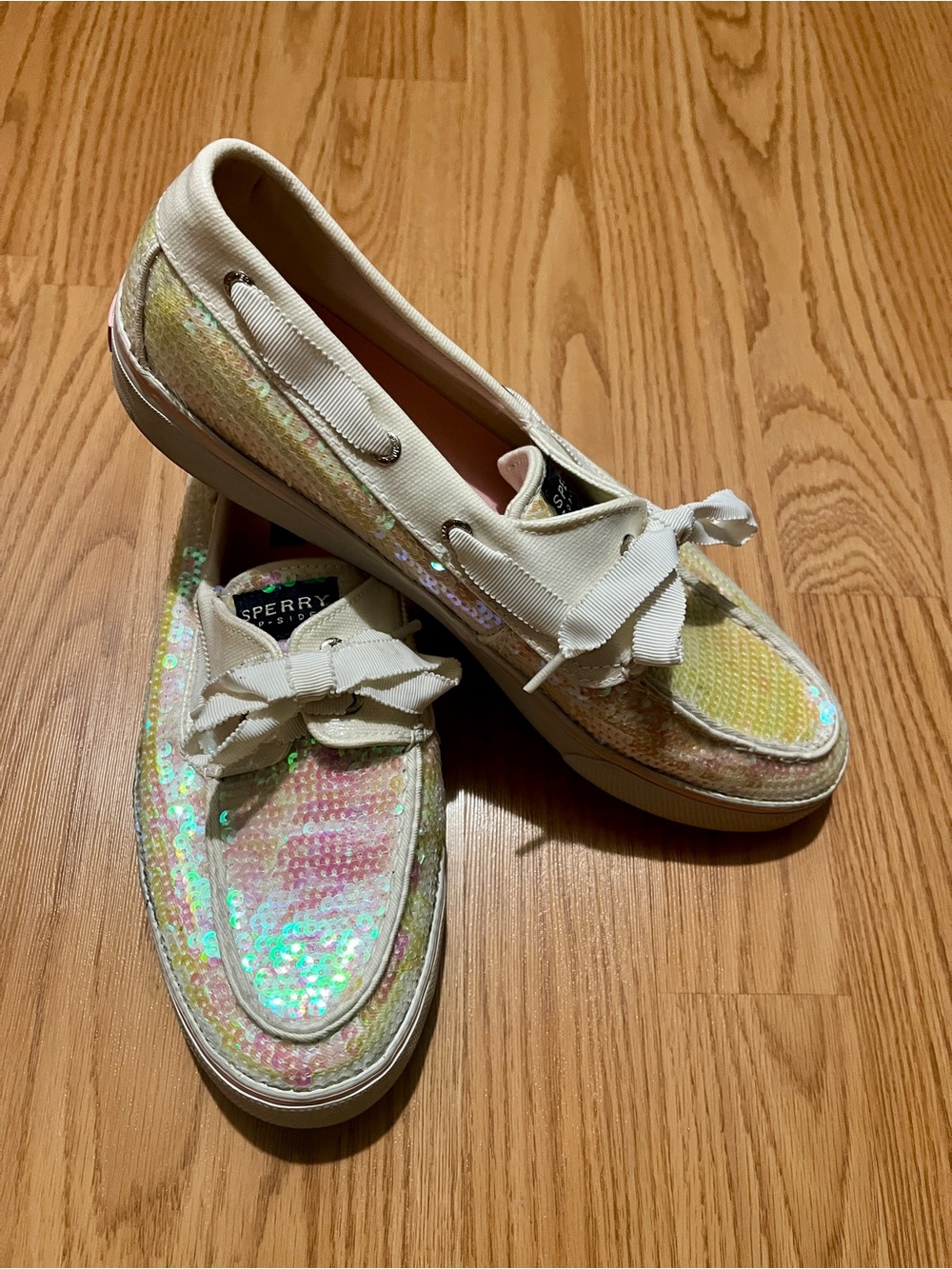 Sperry Women's Iridescent Sequin Boat Shoes in Cream and Pastel 10